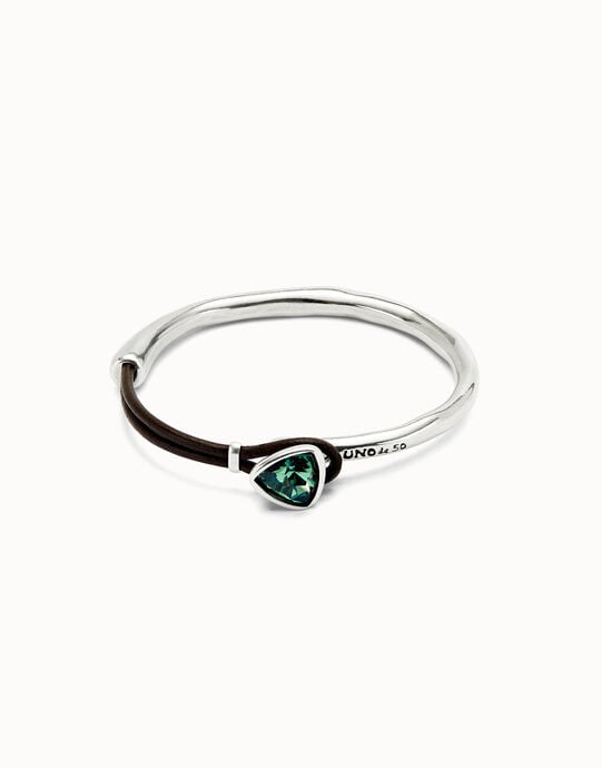Bracelet fin plaqu&eacute; argent avec cuir et cristal &agrave; facettes vert