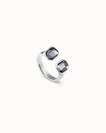 Silver-plated open ring with 2 dark gray crystals