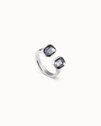 Anello placcato argento aperto con due 2 cristalli colore grigio scuro