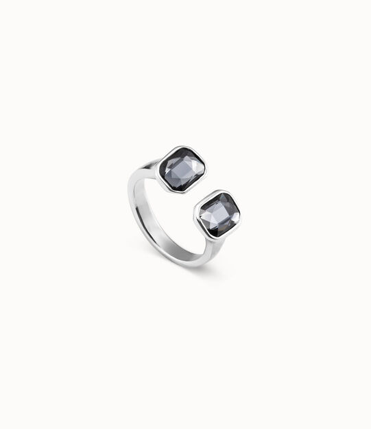 Silver-plated open ring with 2 dark gray crystals