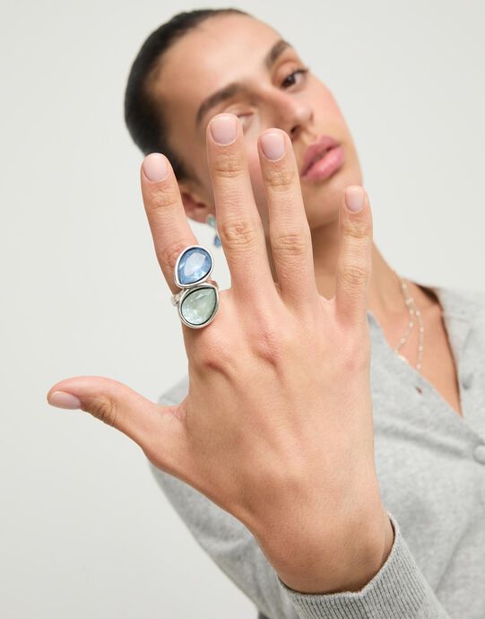 Ring with blue faceted crystals, Silver, large