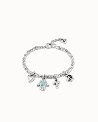 Sterling silver-plated bracelet with bead chain, 4 charms and carabiner clasp