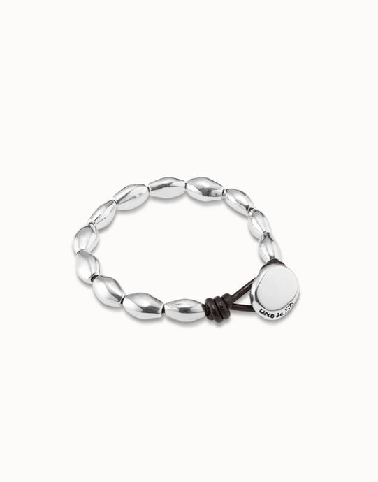 Beaded leather bracelet, Silver, large