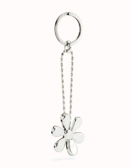 Porte-cl&eacute;s fleur plaqu&eacute; argent, Argent, large