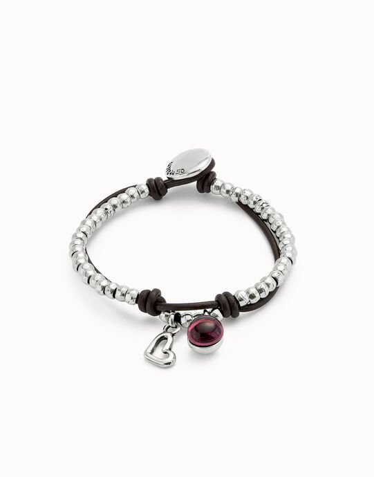 Pulsera ba&ntilde;ada en plata de ley con cuero y cristal  morado