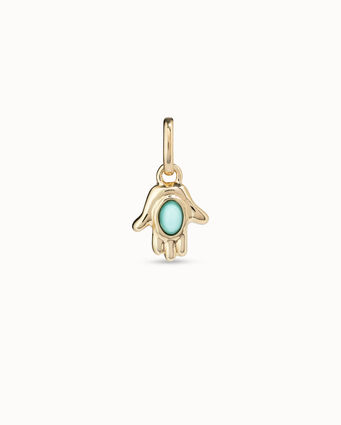 Gold-plated hand shaped charm with turquoise murano glass in the middle