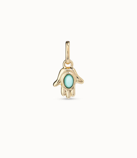 Charm de oro con forma de mano con cristal de murano turquesa en el centro