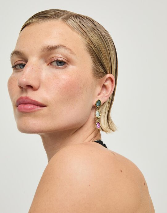 Boucles d&rsquo;oreilles longues plaqu&eacute;es or 18 carats avec trois cristaux facett&eacute;s multicolores en forme de goutte, Or, large