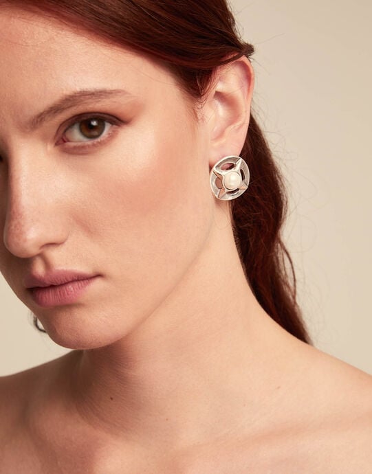 Stud earrings with pearl, Silver, large