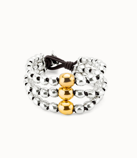 Pulsera de tres tiras de cuentas bañadas en plata de ley y bola en oro 18k