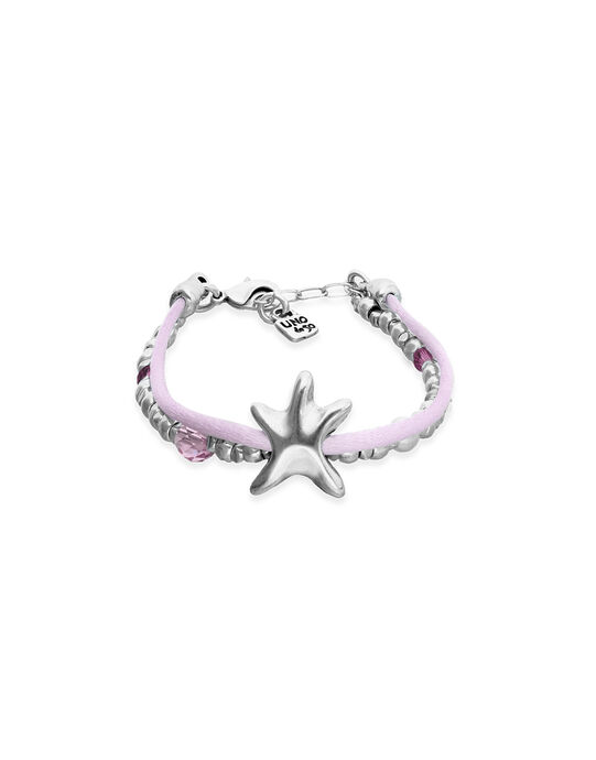 Pulsera de hilo seda color rosa ba&ntilde;ada en plata con estrella de mar
