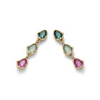 Long earrings with three multicoloured drop-shaped faceted crystals