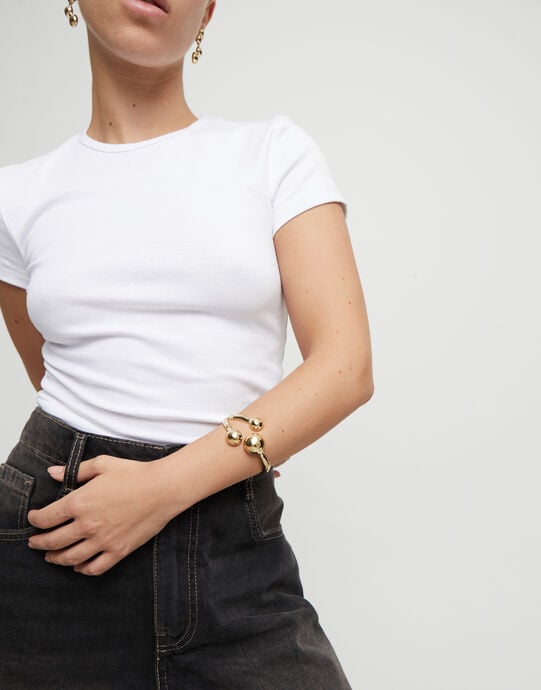 Pulsera r&iacute;gida con tres bolas ba&ntilde;adas en oro 18k, Dorado, large