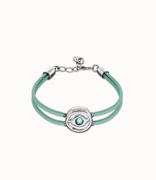 Pulsera doble de cuero turquesa con ojo bañado en plata de ley