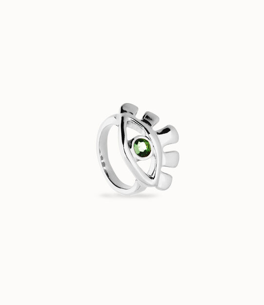 Anillo bañado en plata de ley en forma de ojo con cristal facetado verde