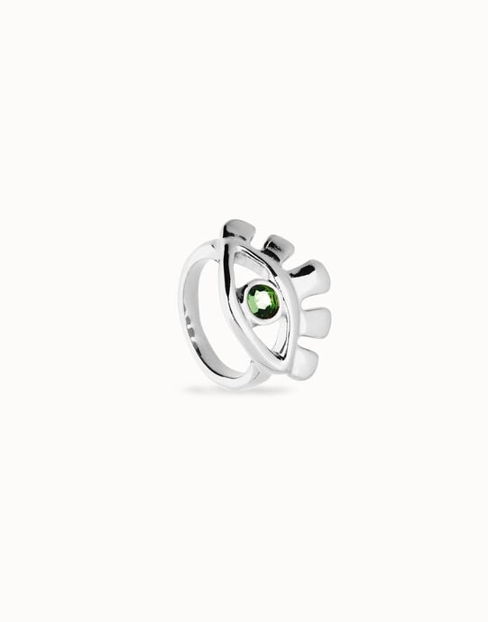 Anillo ba&ntilde;ado en plata de ley en forma de ojo con cristal facetado verde