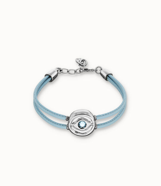 Pulsera doble de cuero celeste con ojo bañado en plata de ley