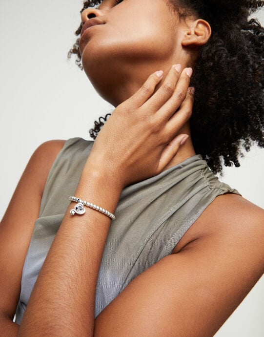 Bracciale a sfere placcate argento Sterling con cuore con cristallo nero, Argent, large