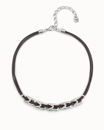 Short leather necklace with 5 sterling silver-plated links and topaz