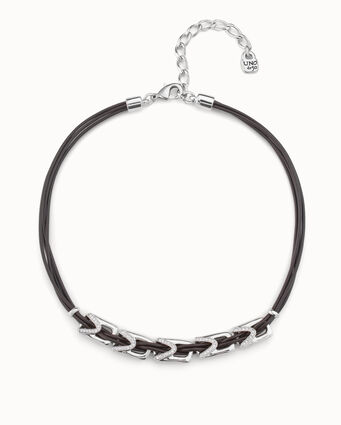 Collier court en cuir avec 5 maillons plaqués argent et topazes