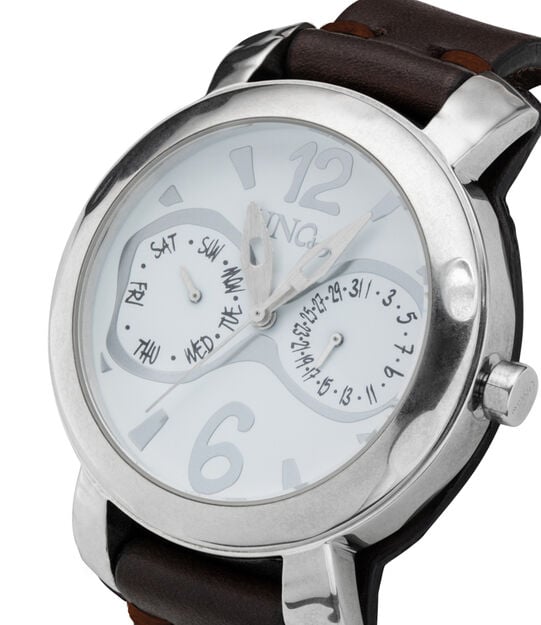 Sterling silver-plated leather and metal watch for men, Silver, large