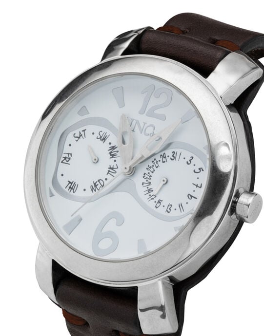Sterling silver-plated leather and metal watch for men, Silver, large