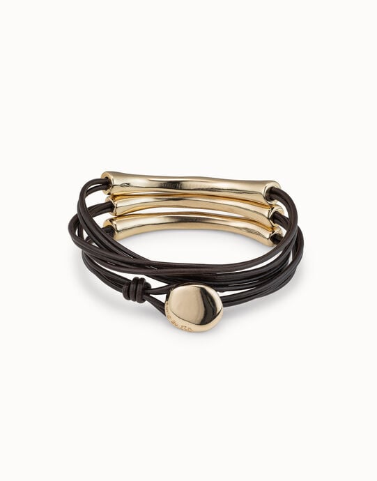 Bracciale a tre giri in cuoio placcato oro 18k, Dorado, large