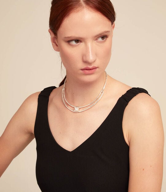 Collar doble r&iacute;gido ba&ntilde;ado en plata de ley y circonita blanca, Plateado, large