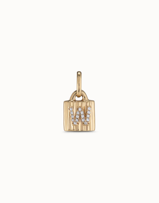Charm candado ba&ntilde;ado en oro de 18K ley con letra de topacios W