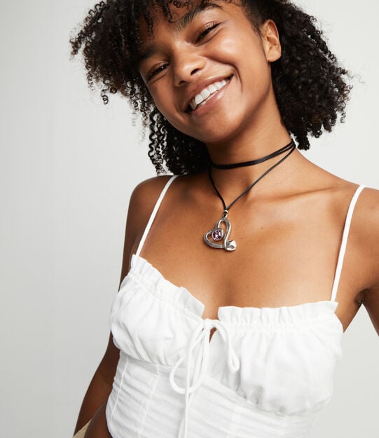 Collier long en forme de cordon effet soie et c&oelig;ur plaqu&eacute; argent et cristal rose, Argent, large