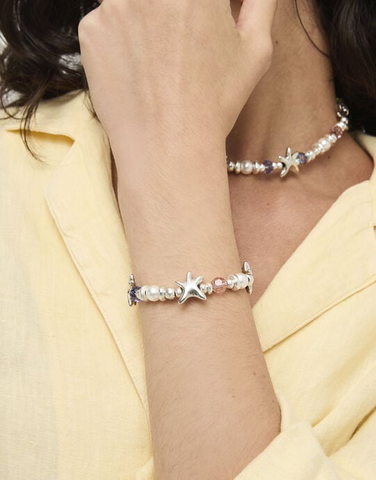 Elastic bracelet with multicolored crystals and starfish, Silver, large