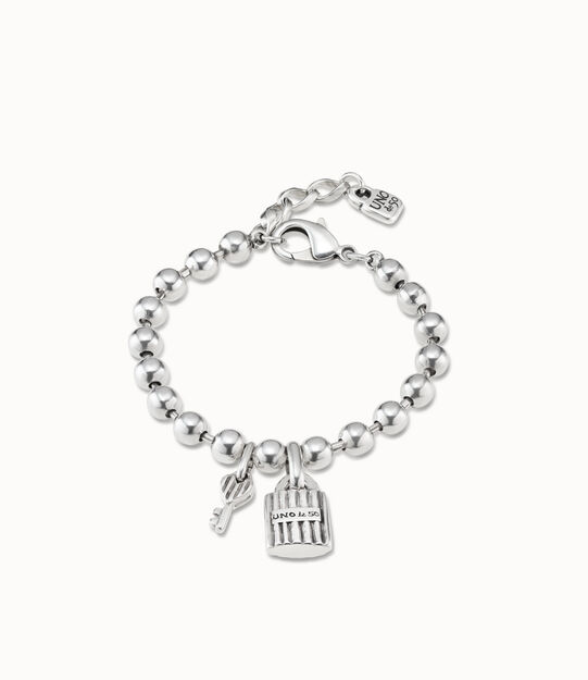 Sterling silver-plated beaded bracelet with a padlock and key charms