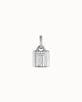 Sterling silver-plated padlock charm with topaz letter T