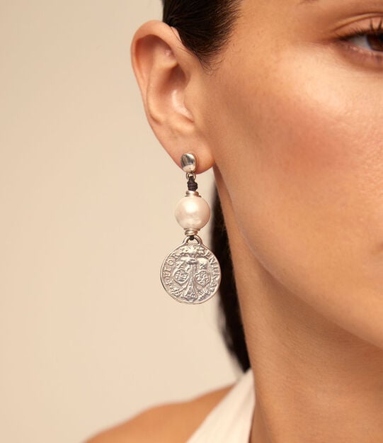 Drop earrings with pearl, Silver, large