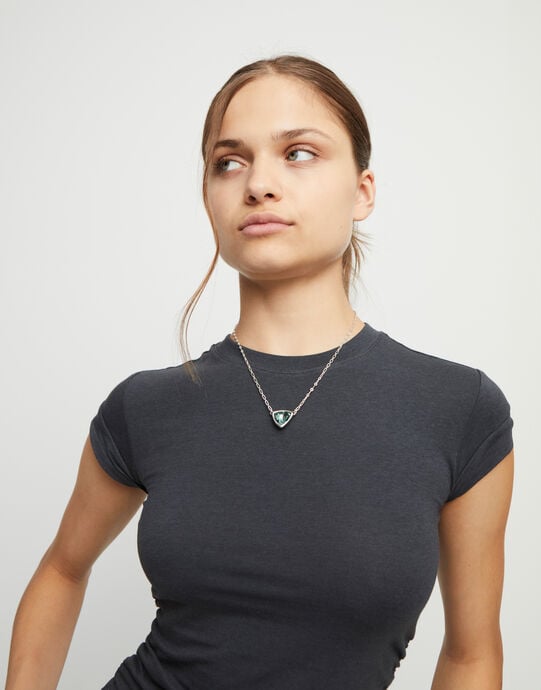 Pendant chain link necklace with green crystal, Silver, large