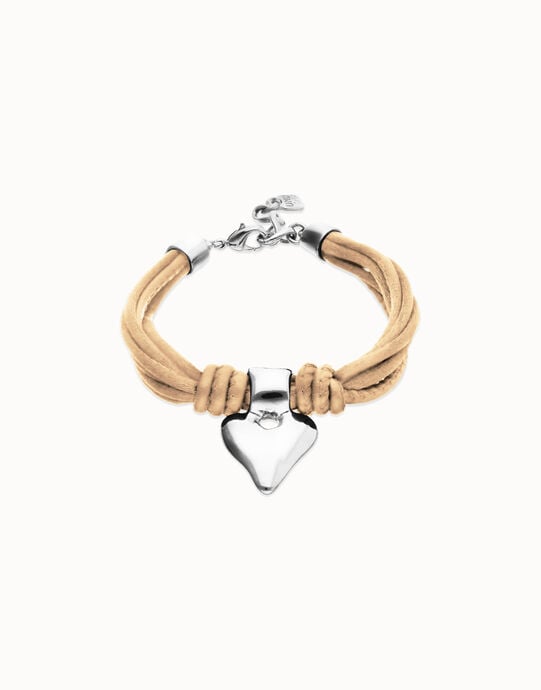 Bracelet in silk thread and camel leather with heart