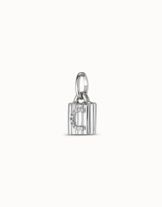 Charm candado ba&ntilde;ado en plata de ley con letra de topacios C, Plateado, large