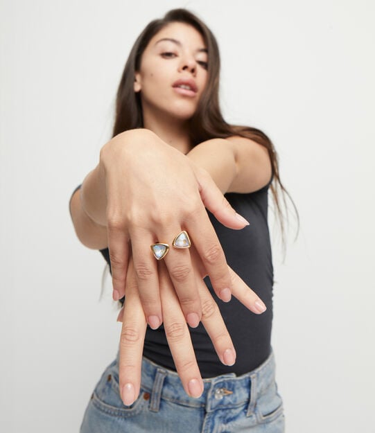 Triangular ring with two crystals, Golden, large