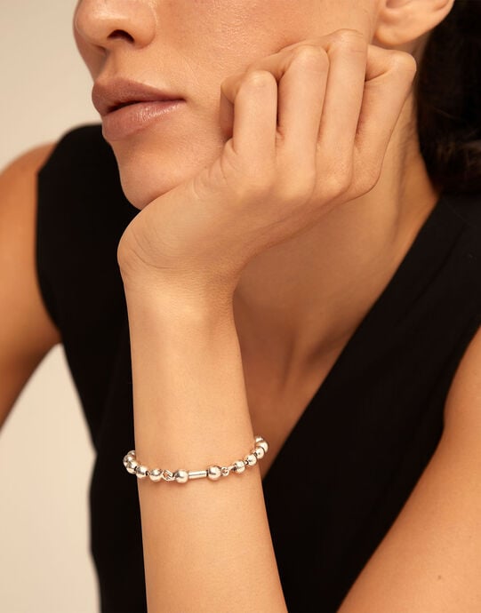 Pulsera de bolas  ba&ntilde;ada en plata de ley, Plateado, large