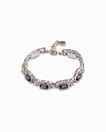 Sterling silver-plated bracelet with lateral strip of small beads, 8 cases with gray crystals and carabiner clasp
