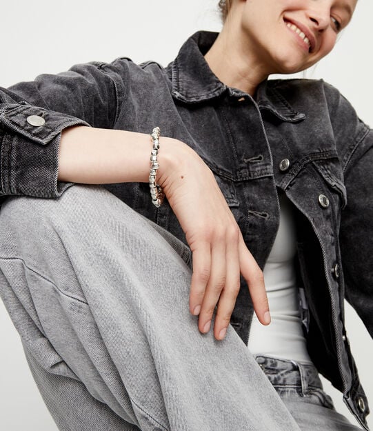 Bracelet &eacute;lastique avec perles plaqu&eacute;es argent, Argent, large