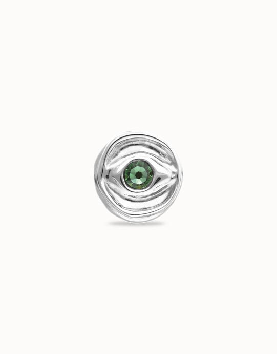 Anillo tipo sello en plata de ley y forma de ojo con cristal facetado verde