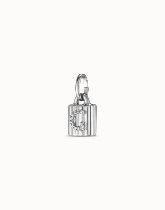 Sterling silver-plated padlock charm with topaz letter G, Silver, large