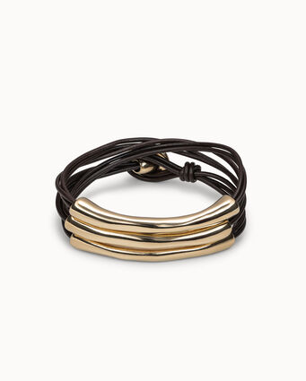 Gold-plated brown leather three strand bracelet