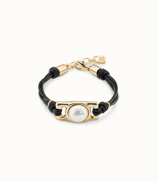 Pulsera de cuero marrón con abalorio bañado en oro de 18k rectangular y perla