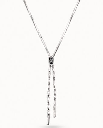 Sterling silver-plated long whip necklace with small beads and gray crystal