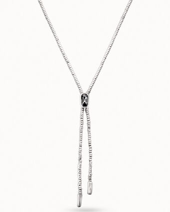 Collier long à lanières plaqué argent avec petits carrés et cristal gris