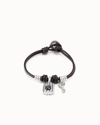 Sterling silver-plated bracelet with leather straps and padlock and key charms