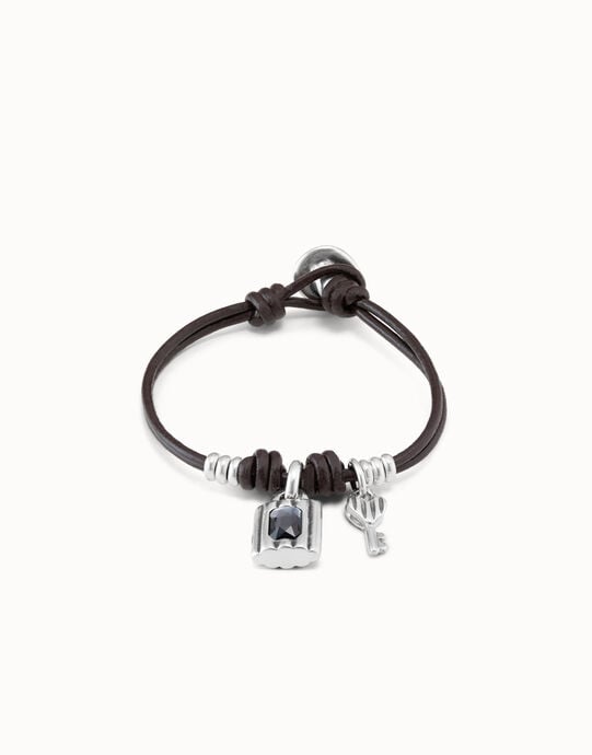 Sterling silver-plated bracelet with leather straps and padlock and key charms