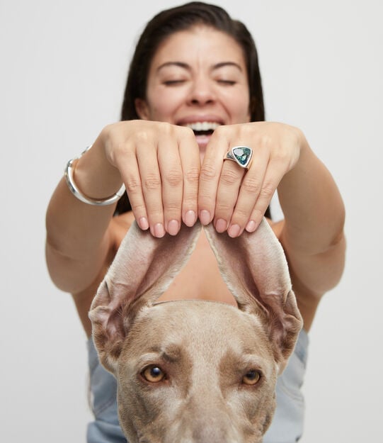 Triangular ring with green crystal, Silver, large